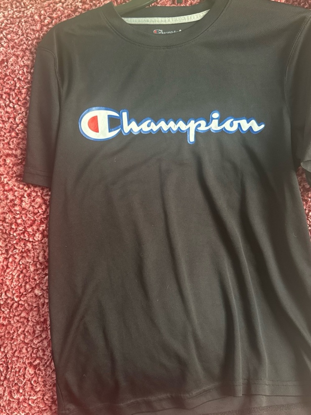 Champion Black Tee with Blue and Red Logo